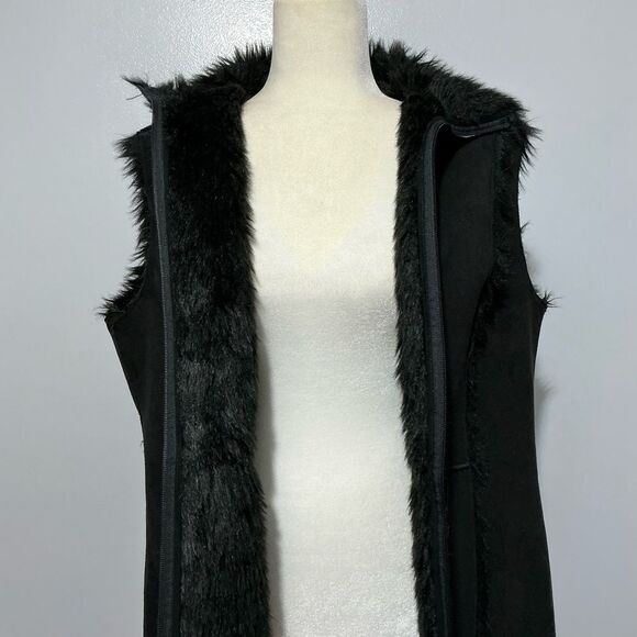 Relativity Womens Faux Suede Vest Size 1X Black Faux Fur Lined Zip Front - Picture 2 of 7